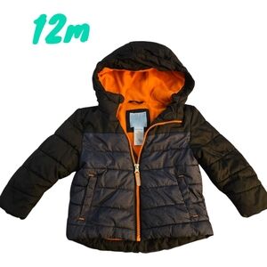Healthtex Winter Puffer Jacket Fleece Lined Black Orange Hooded Infant 12m